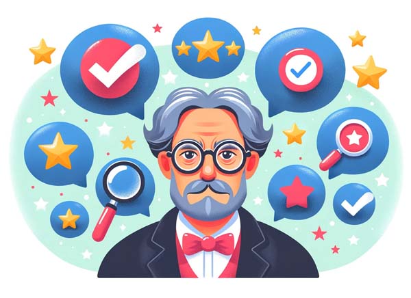 Illustration of an expert surrounded by review icons and symbols.