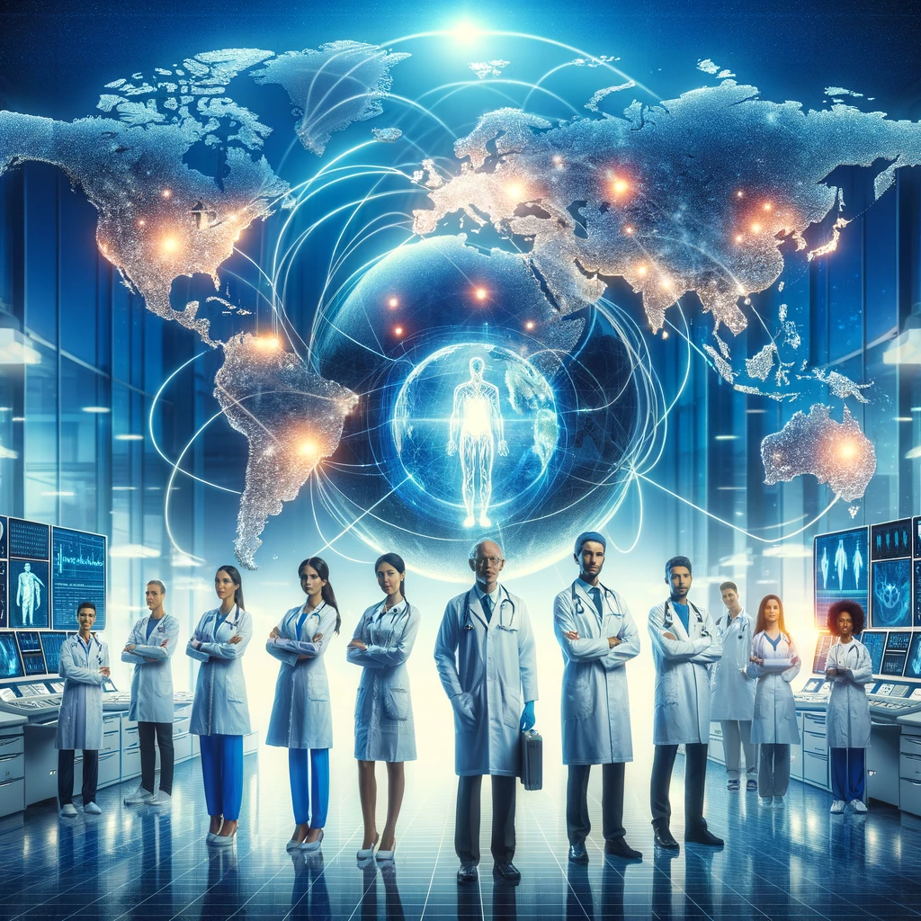 Doctors standing in front of a global healthcare network interface