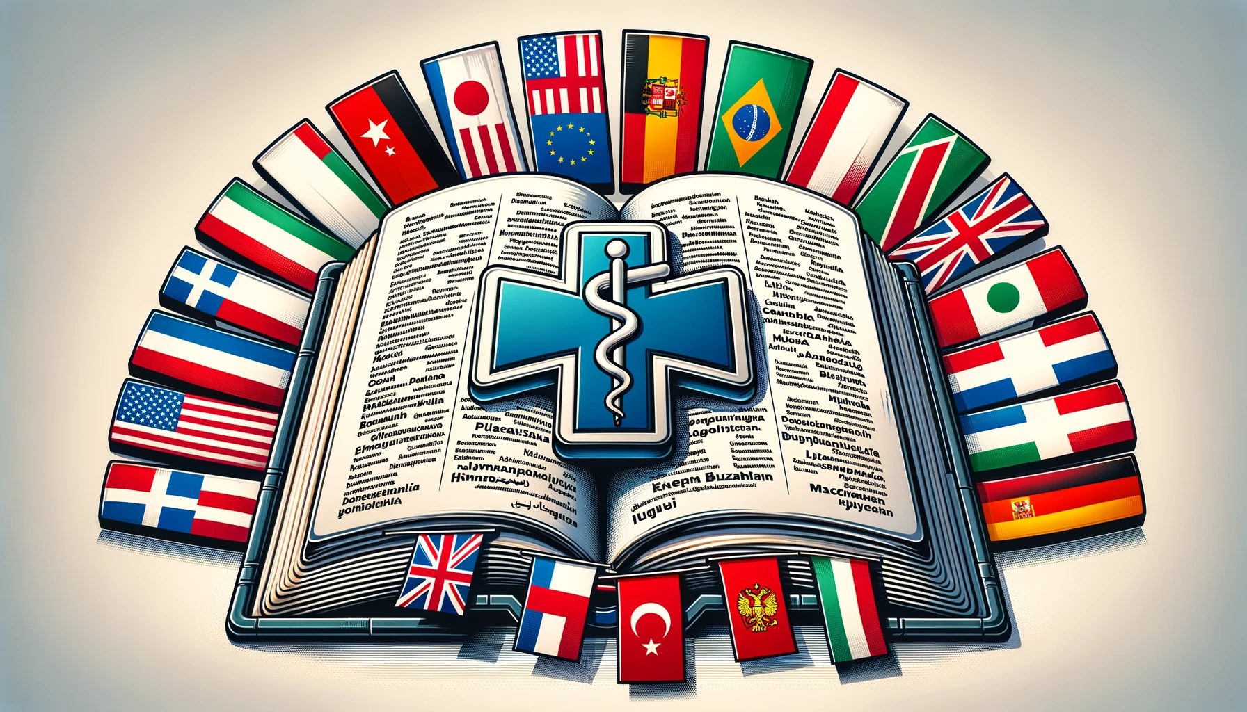 Open book with medical symbol and flags from various countries.