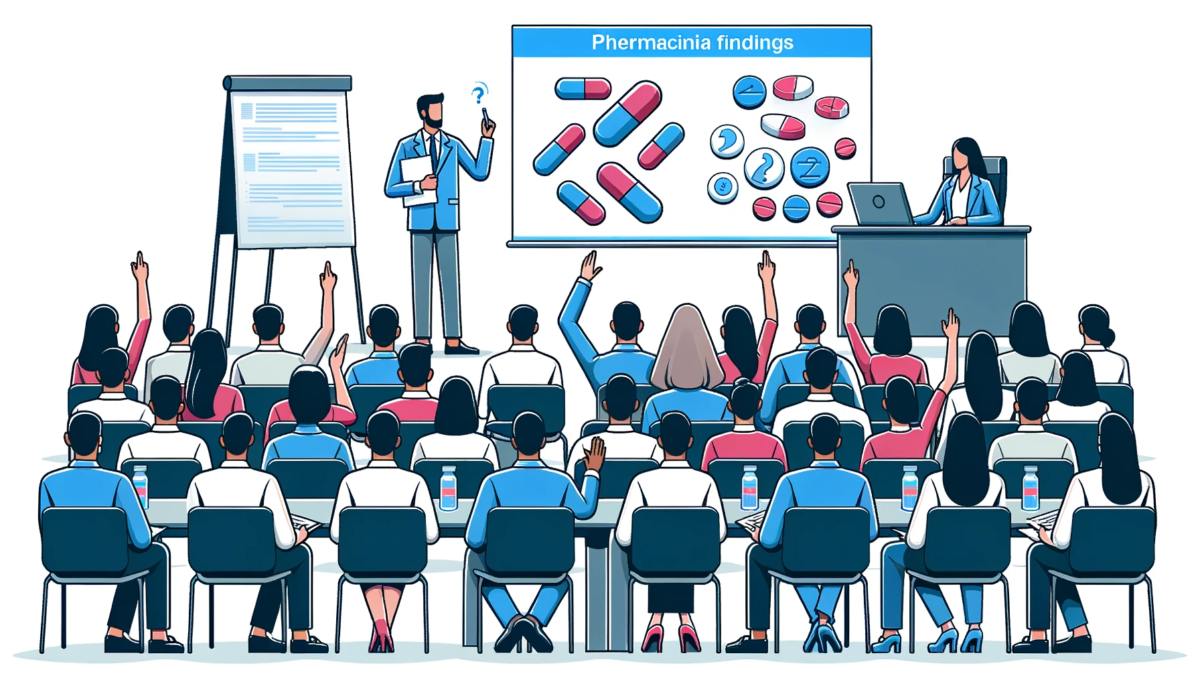 Business professional giving a presentation with data and drug images