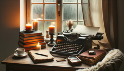 Cozy research setup with a vintage typewriter and lit candles